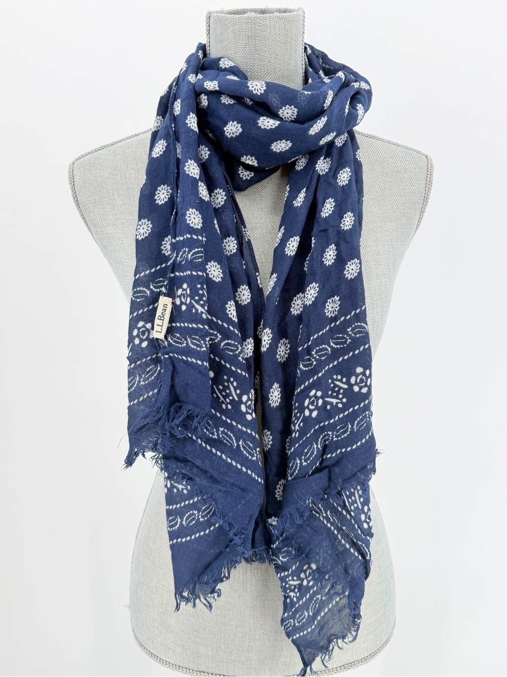 L.L. Bean Scarf Navy White Floral Medallion Bandana Style Fringe long